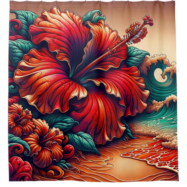 “Hibiscus and Ocean Waves - Vibrant Floral Art” Shower Curtain (Front)