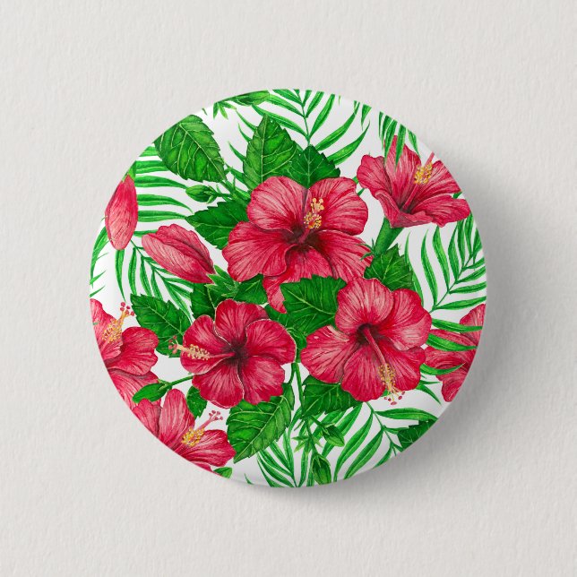 Hibiscus and palm leaves 6 cm round badge (Front)