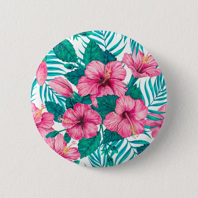Hibiscus and palm leaves 6 cm round badge (Front)