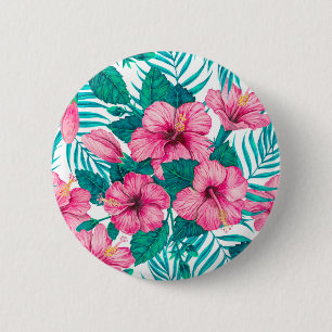 Hibiscus and palm leaves 6 cm round badge