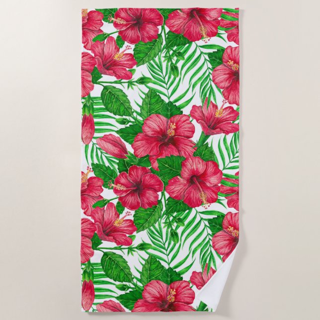 Hibiscus and palm leaves beach towel (Front)