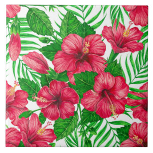 Hibiscus and palm leaves ceramic tile
