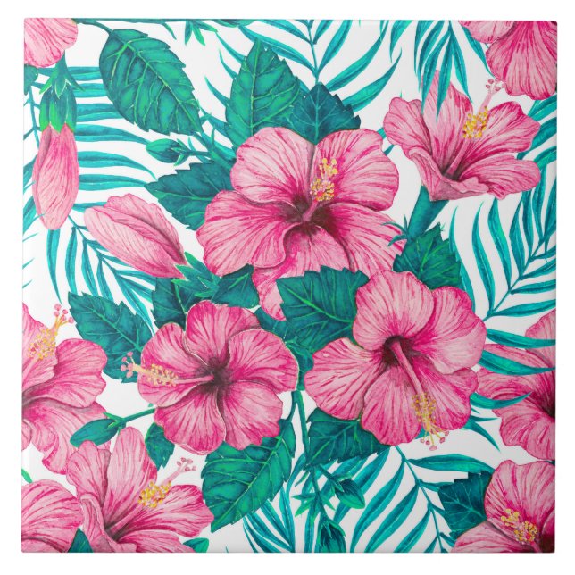 Hibiscus and palm leaves ceramic tile (Front)
