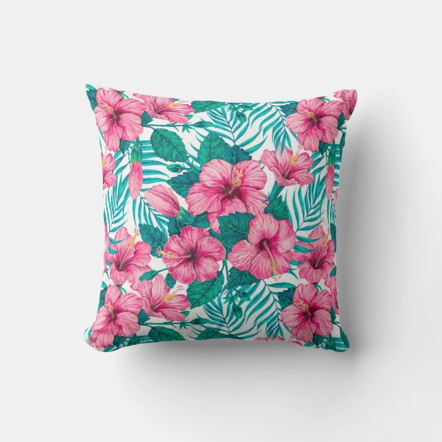 Hibiscus and palm leaves cushion (Front)