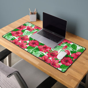 Hibiscus and palm leaves desk mat