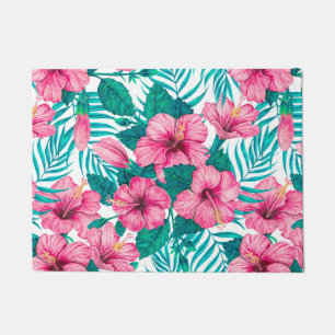 Hibiscus and palm leaves doormat