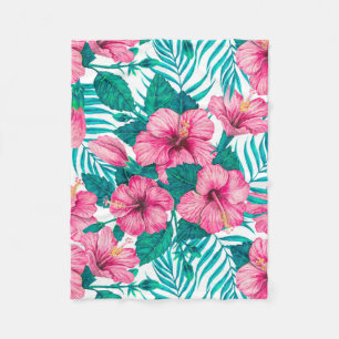 Hibiscus and palm leaves fleece blanket