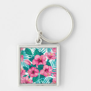 Hibiscus and palm leaves key ring