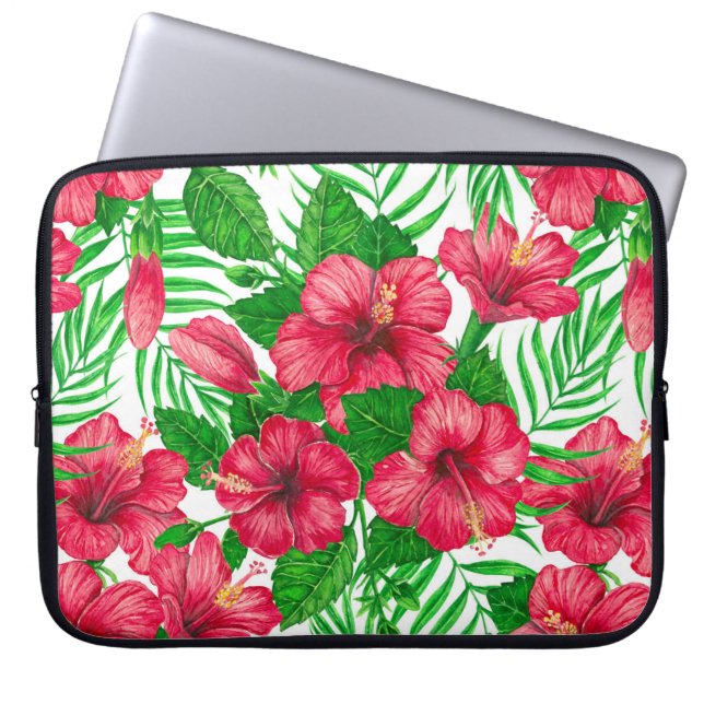 Hibiscus and palm leaves laptop sleeve (Front)