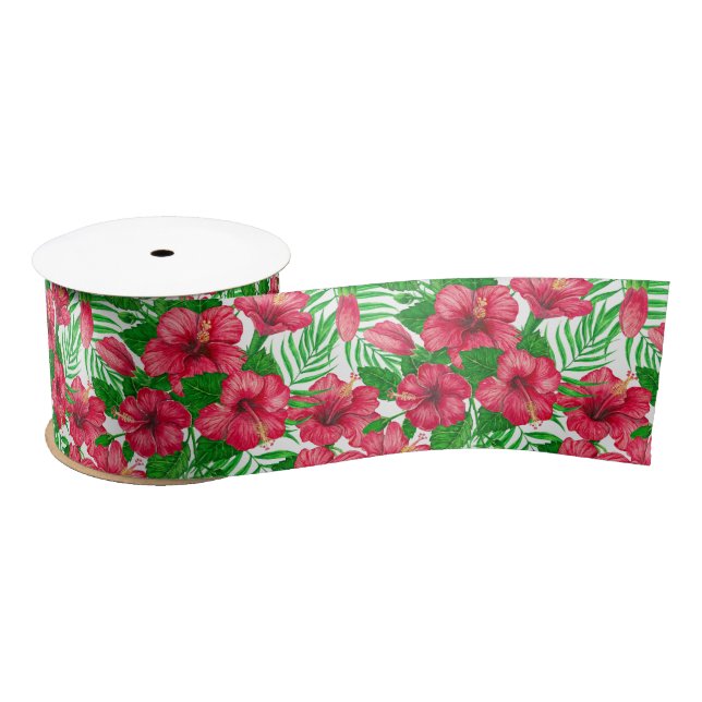 Hibiscus and palm leaves satin ribbon (Spool)