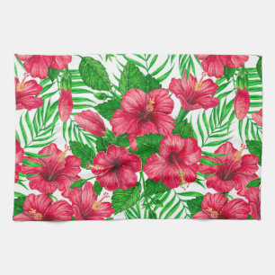 Hibiscus and palm leaves tea towel