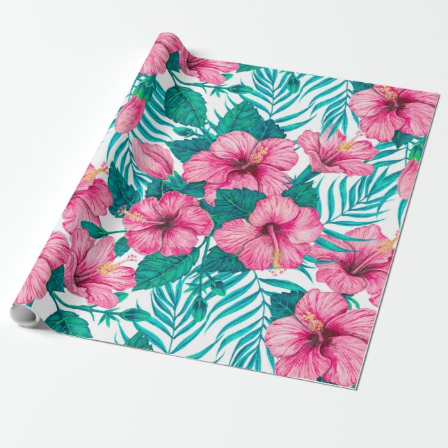 Hibiscus and palm leaves wrapping paper (Unrolled)