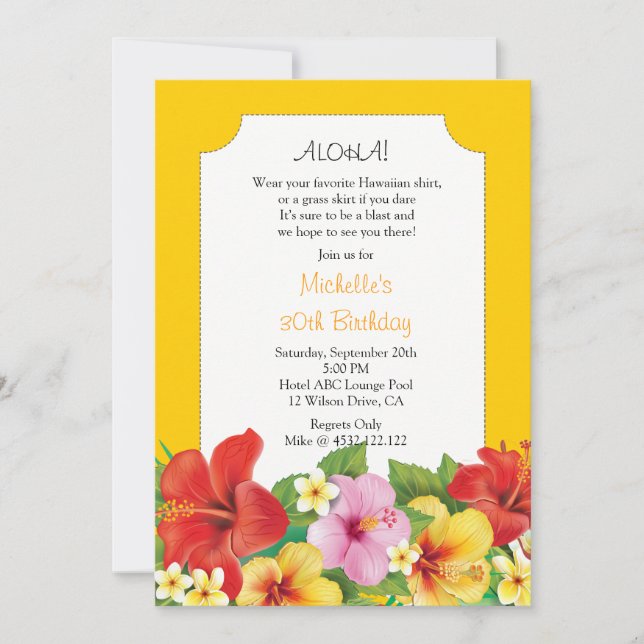 Hibiscus and Plumeria Luau Birthday Party Invitation (Front)