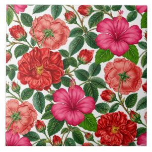 Hibiscus and Rose Botanical Pattern Ceramic Tile