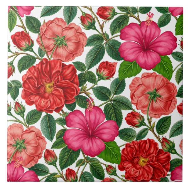 Hibiscus and Rose Botanical Pattern Ceramic Tile (Front)