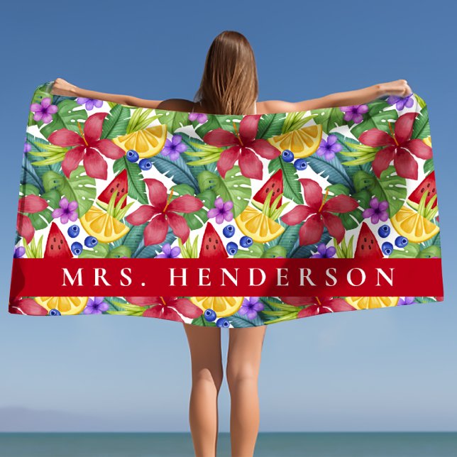 Hibiscus and Tropical Leaves Personalised Name Beach Towel (Hibiscus and Tropical Leaves Personalized Name Beach Towel)