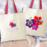 Hibiscus Art Flowers Wedding Favour Tote Bag<br><div class="desc">Bright hibiscus flowers wedding tote bag with three lines of text to personalise. Bright red, pink and dark purple flowers make a small cluster on the front with date of event above. Beneath the flowers, add the location of the wedding with names of the couple being married. The back of...</div>