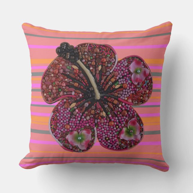 Hibiscus Beads Mosaic Throw Pillow (Front)