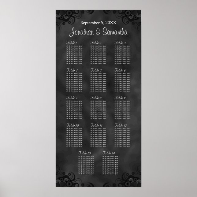 Hibiscus Black 14 Tables Wedding Seating Chart (Front)