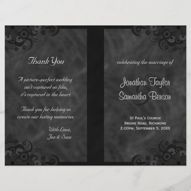 Hibiscus Black Floral Goth Folded Wedding Programs (Front)