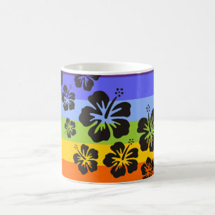 hibiscus blooms in black coloured stripes coffee mug
