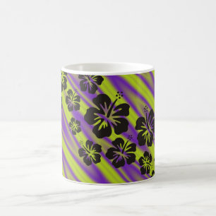 hibiscus blooms in black green violet waves coffee mug
