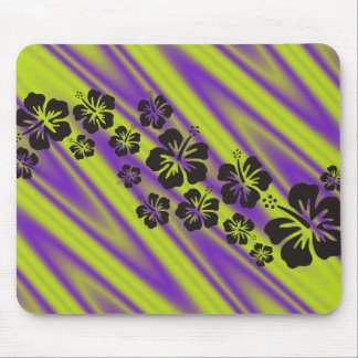 hibiscus blooms in black | green violet waves mouse pad