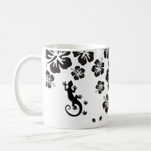 hibiscus blooms in black with Geckos Coffee Mug