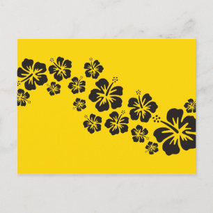 hibiscus blooms in black yellow postcard
