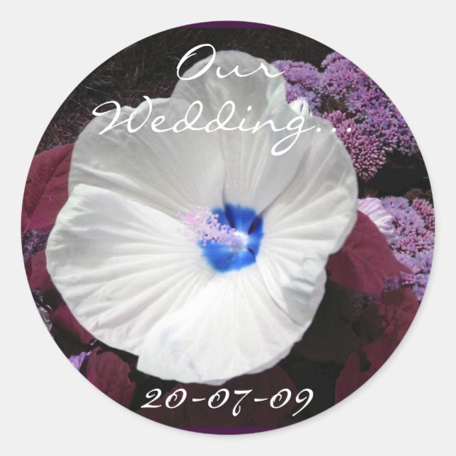 Hibiscus Blue Wedding- Customisable Classic Round Sticker (Front)