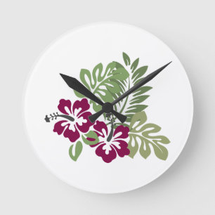 Hibiscus Burgundy Foliage Decoration Floral Golf B Round Clock