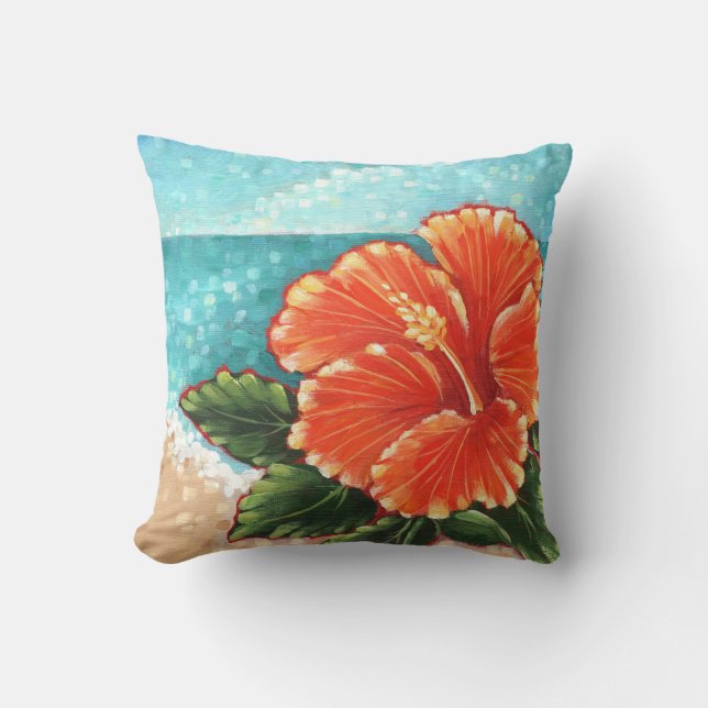 "Hibiscus by the Beach" Throw Pillow (Front)