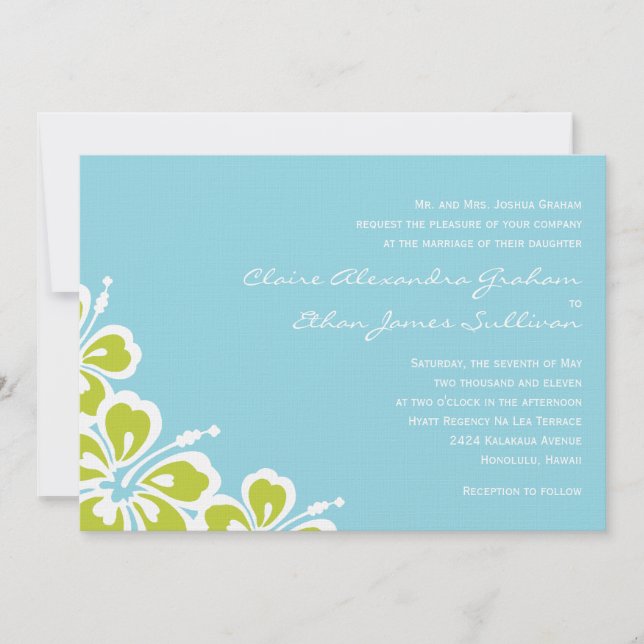 Hibiscus Delight Wedding Invitation - Sky Blue (Front)