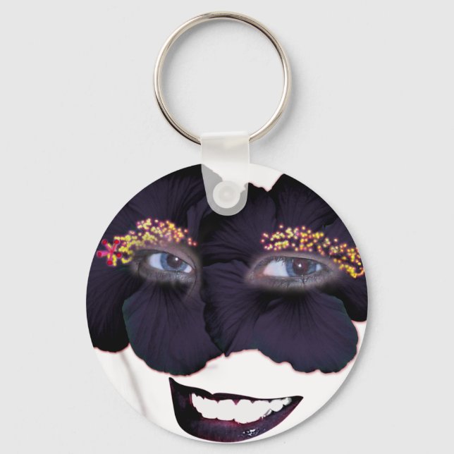 Hibiscus Face with Smile - Black/Purple Key Ring (Front)