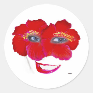 Hibiscus Face with Smile - Red Classic Round Sticker