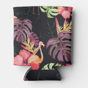 Hibiscus, Flamingos, Watercolor Tropical Pattern. Can Cooler