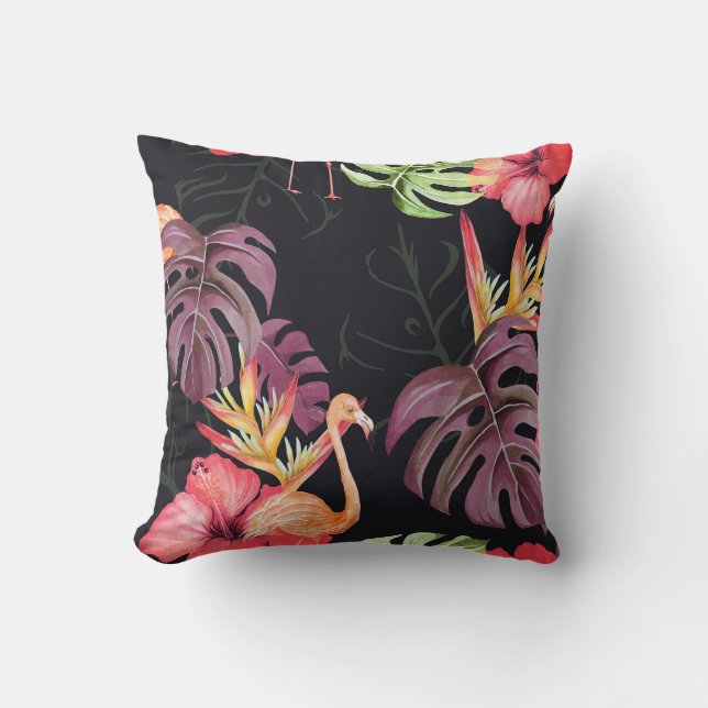 Hibiscus, Flamingos, Watercolor Tropical Pattern. Cushion (Front)