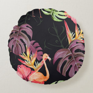 Hibiscus, Flamingos, Watercolor Tropical Pattern. Round Cushion