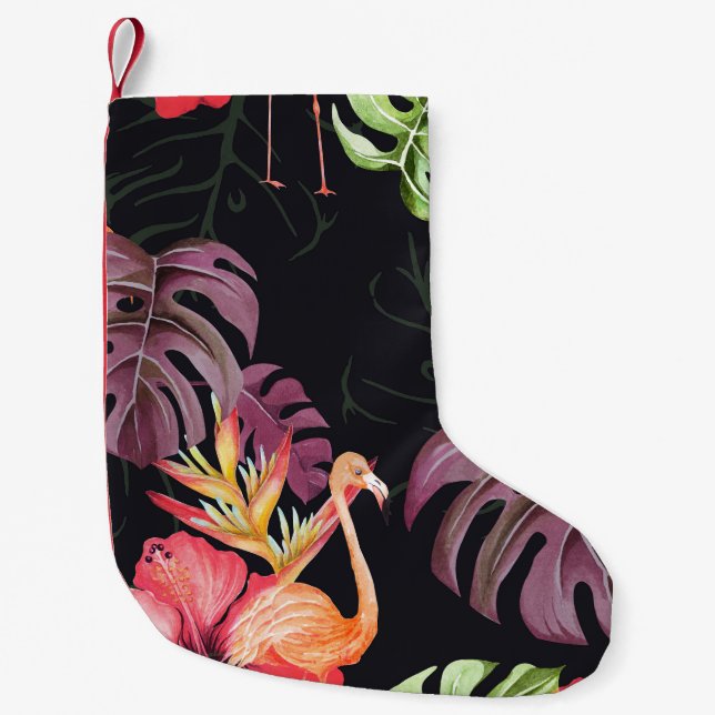 Hibiscus, Flamingos, Watercolor Tropical Pattern. Small Christmas Stocking (Front)