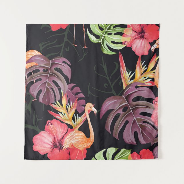 Hibiscus, Flamingos, Watercolor Tropical Pattern. Tapestry (Front)