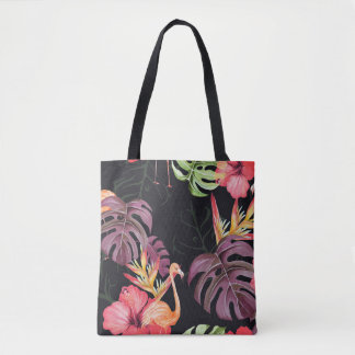 Hibiscus, Flamingos, Watercolor Tropical Pattern. Tote Bag