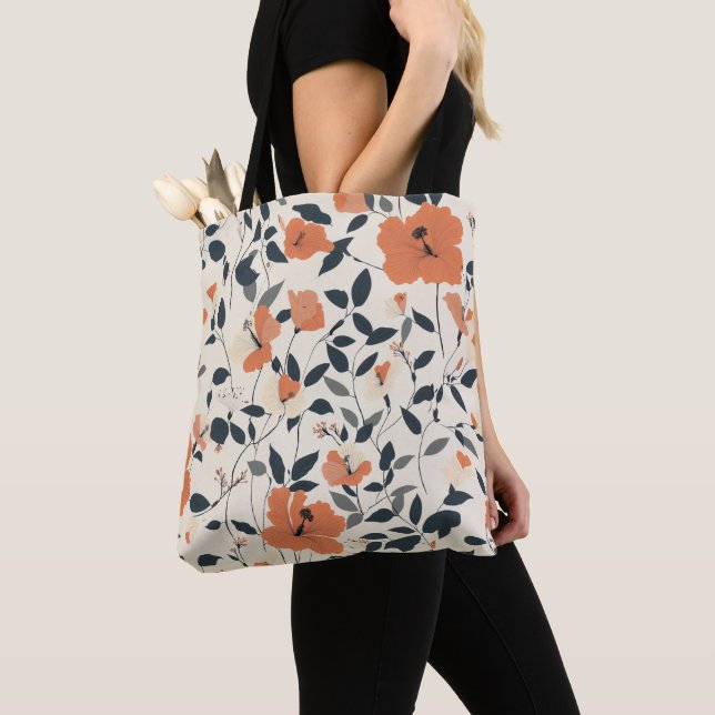 Hibiscus Floral in Vibrant Orange Tones Tote Bag (Close Up)