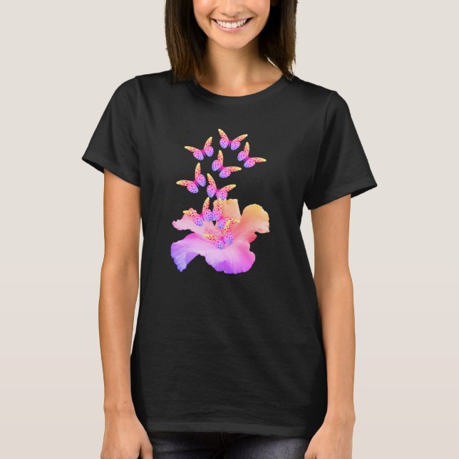 Hibiscus Flower And Colourful Butterflies Abstract T-Shirt (Front)