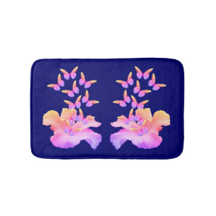 Hibiscus Flower And Colourful Butterflies Bath Mat