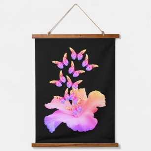 Hibiscus Flower And Colourful Butterflies On Black Hanging Tapestry