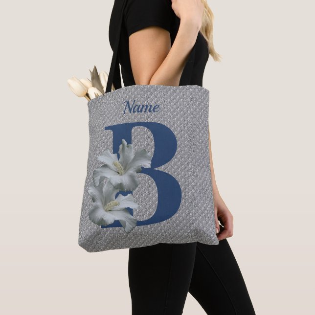 Hibiscus Flower Monogram Initial B Personalised Tote Bag (Close Up)