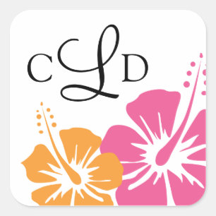 Hibiscus Flower Monogram Wedding Square Sticker