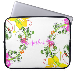 Hibiscus flower tropical floral white pink green laptop sleeve