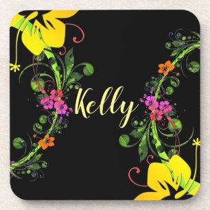 Hibiscus flower tropical floral yellow pink black coaster