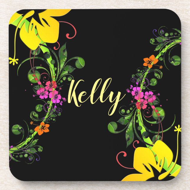 Hibiscus flower tropical floral yellow pink black coaster (Front)
